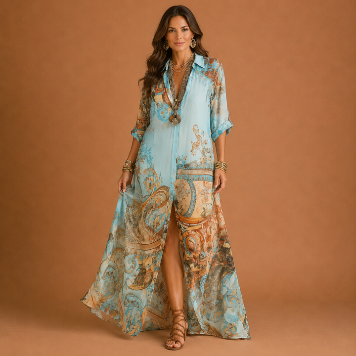 Pia | Damen Maxikleid mit Hemdkragen und Seitenschlitz