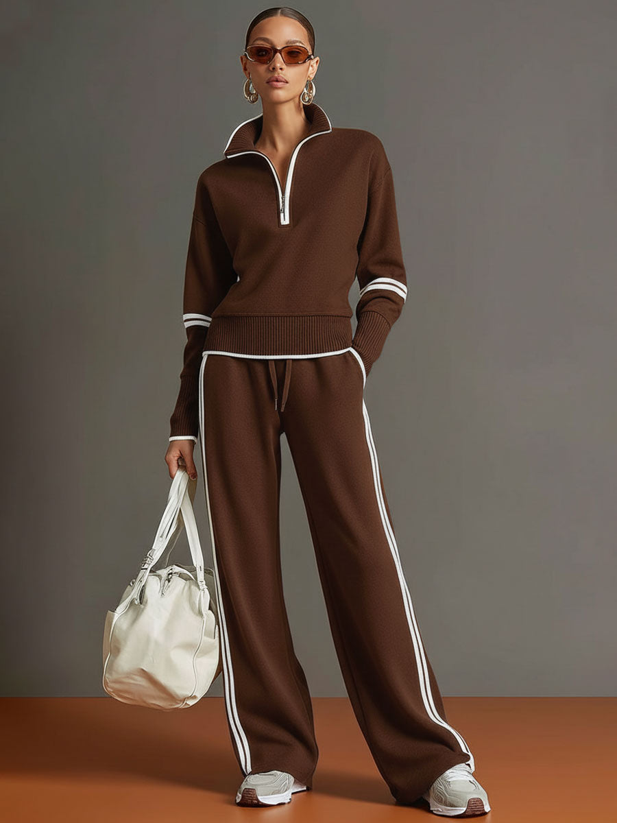 Vintage-inspirierter grauer und weißer Halbzip-Sweatshirt für Damen mit weitem Hosen-Set
