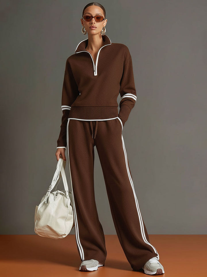 Vintage-inspirierter grauer und weißer Halbzip-Sweatshirt für Damen mit weitem Hosen-Set