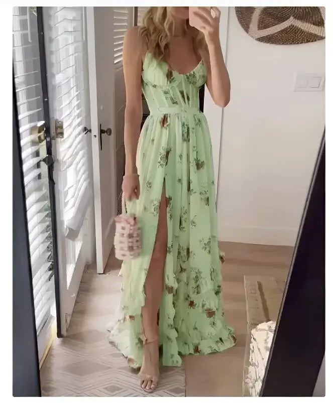 Zaria | Elegantes Blumen-Maxikleid für Damen mit V-Ausschnitt und Spaghettiträgern