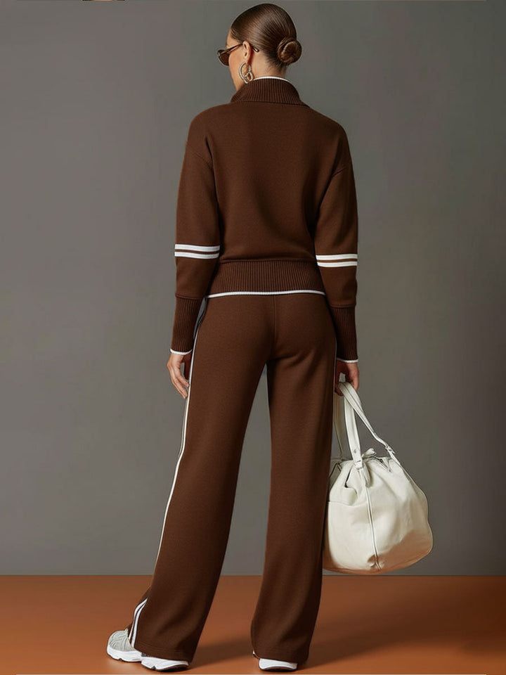 Vintage-inspirierter grauer und weißer Halbzip-Sweatshirt für Damen mit weitem Hosen-Set