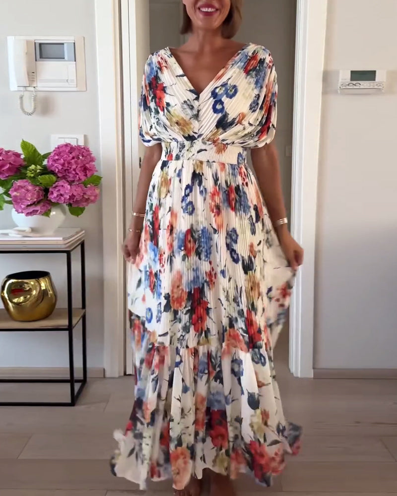 Florelle | Elegantes Blumenkleid für Damen mit V-Ausschnitt und kurzen Ärmeln