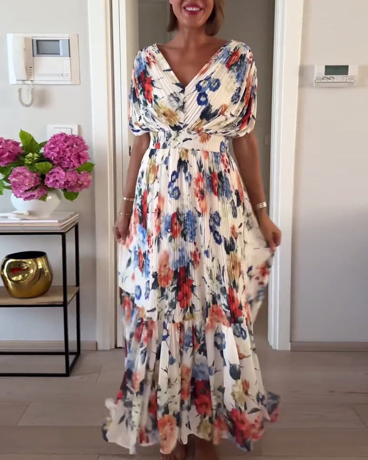 Florelle | Elegantes Blumenkleid für Damen mit V-Ausschnitt und kurzen Ärmeln