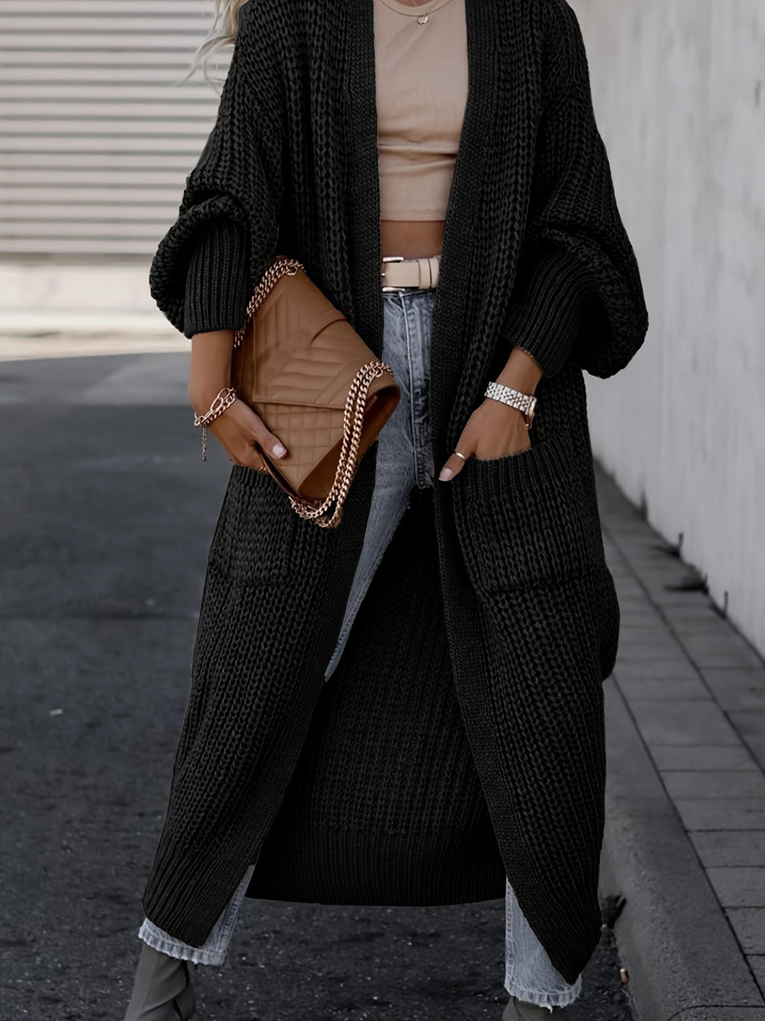 Damen-Maxi-Cardigan mit Taschen und langen Ärmeln