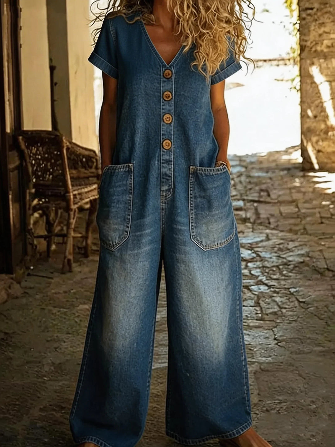 Denise | Denim-Overall für Damen mit V-Ausschnitt und kurzen Ärmeln