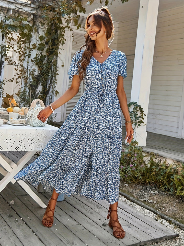 Selina | Elegante Maxikleid mit V-Ausschnitt und kurzen Ärmeln