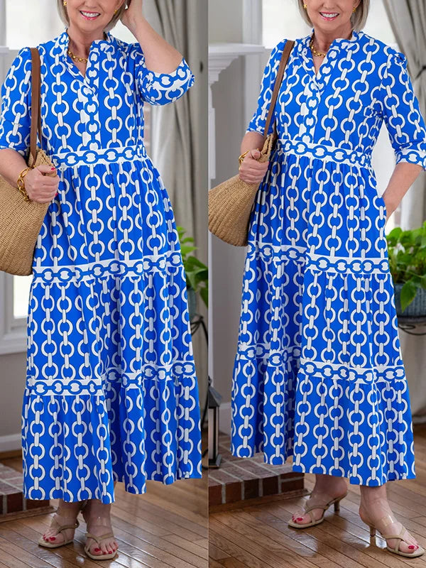 Juliette | Midi-Kleid für Damen mit Kettenmuster, V-Ausschnitt und 3/4-Ärmeln