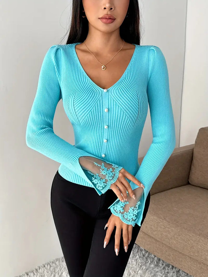 V-Ausschnitt Rippentop Cardigan für Damen mit ärmeln und Blumenmuster