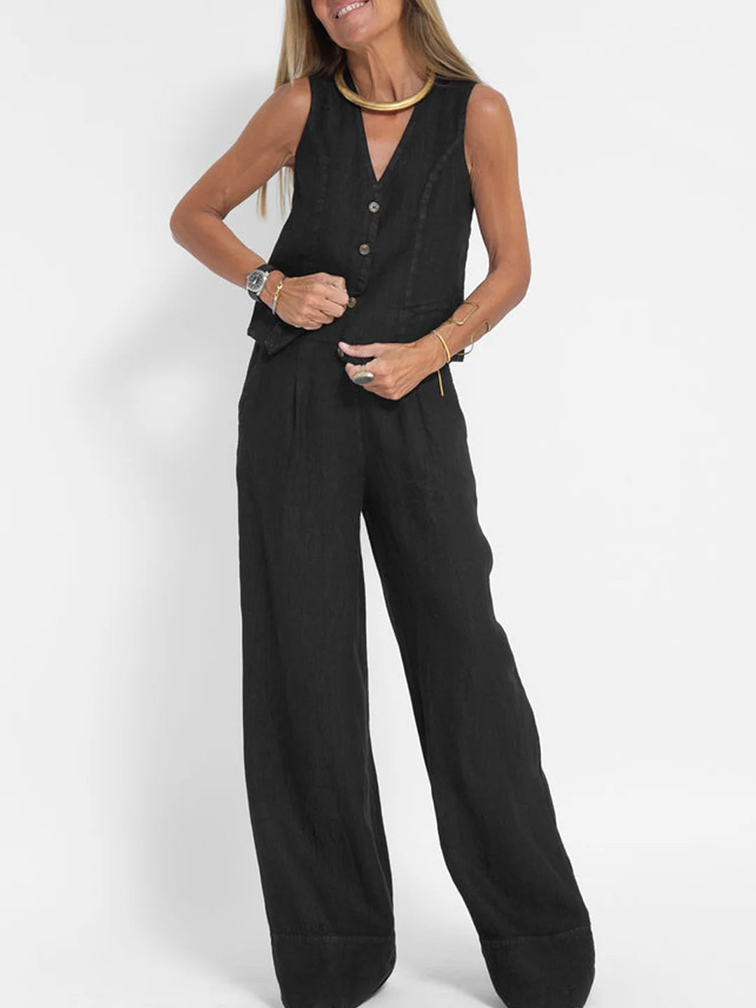 Aira | Geknöpfter Weste und Weite Hose Set