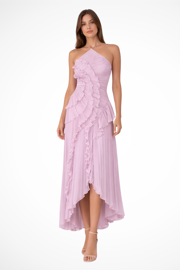 Glenda | Ärmelloses Halter-Backless-Maxi-Kleid für Damen mit Rüschen für Sommerhochzeiten