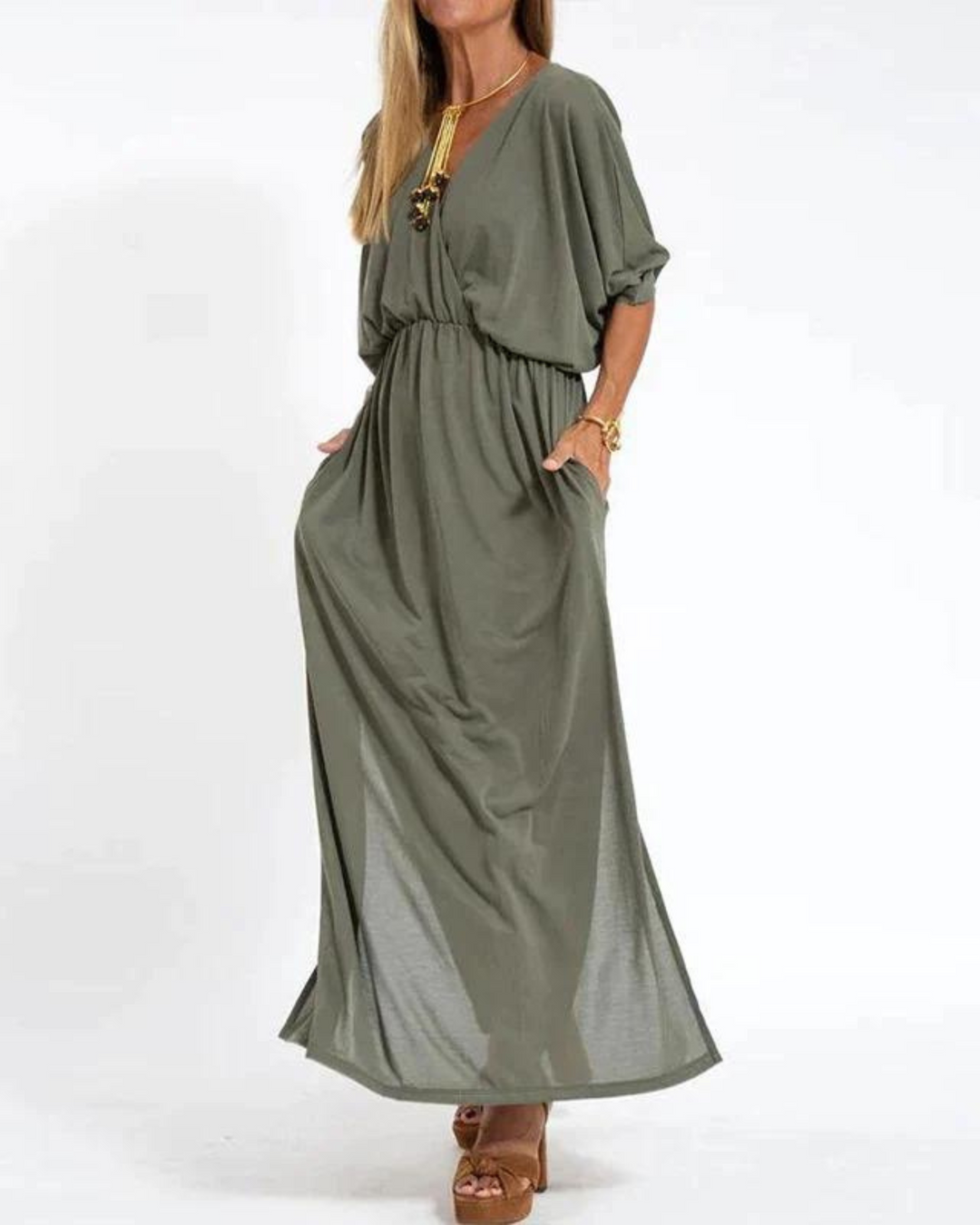 Lani | Langes vintage Maxikleid für Damen mit V-Ausschnitt und kurzen Ärmeln