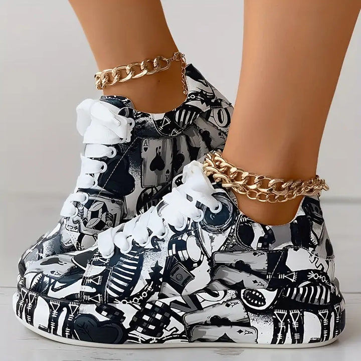 Mia | Damen Graffiti Druck Lage Turnschuhe mit niedrigem Absatz