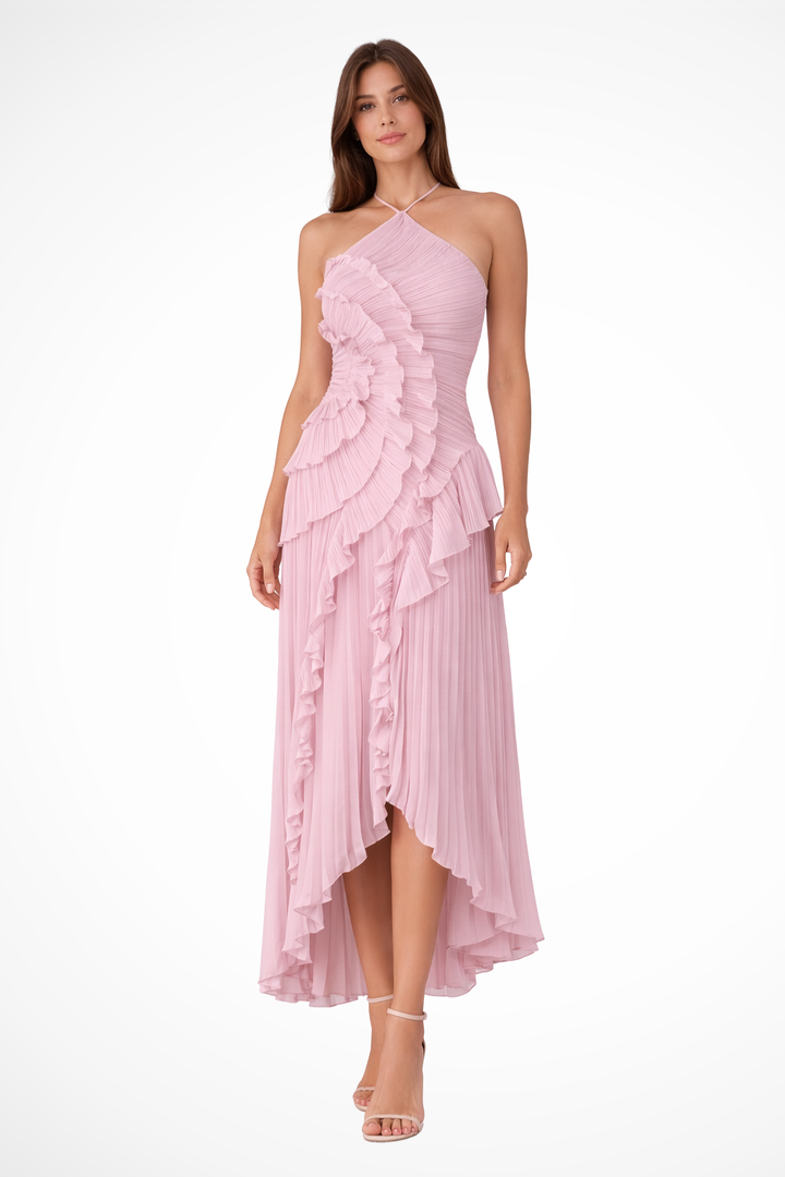 Glenda | Ärmelloses Halter-Backless-Maxi-Kleid für Damen mit Rüschen für Sommerhochzeiten