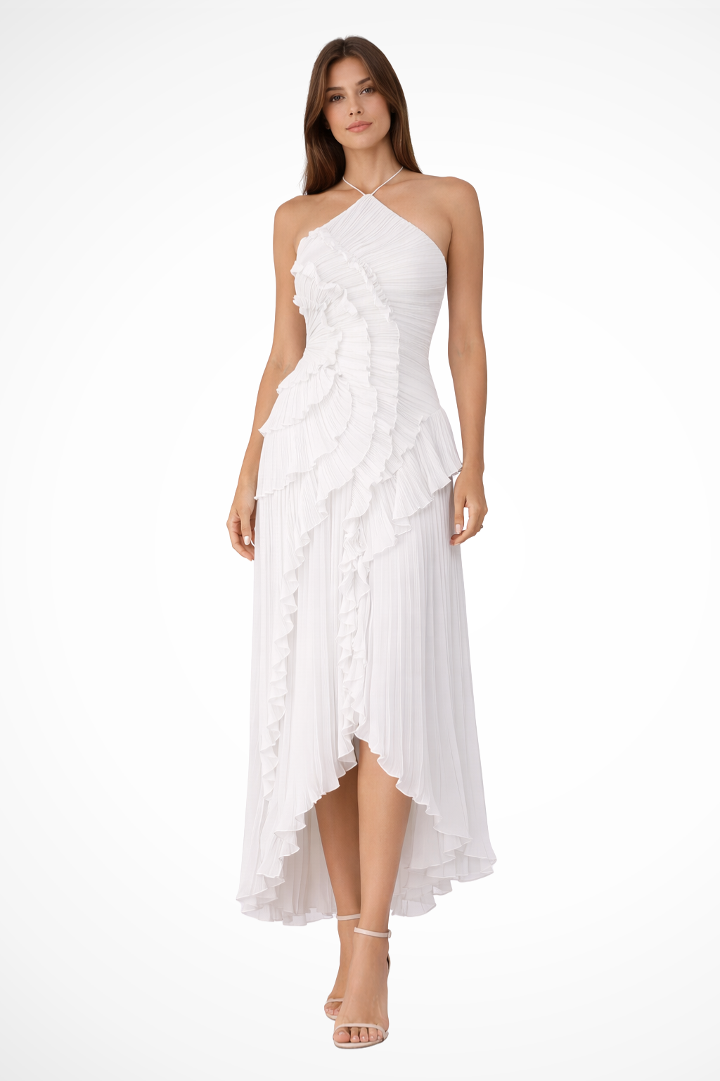 Glenda | Ärmelloses Halter-Backless-Maxi-Kleid für Damen mit Rüschen für Sommerhochzeiten