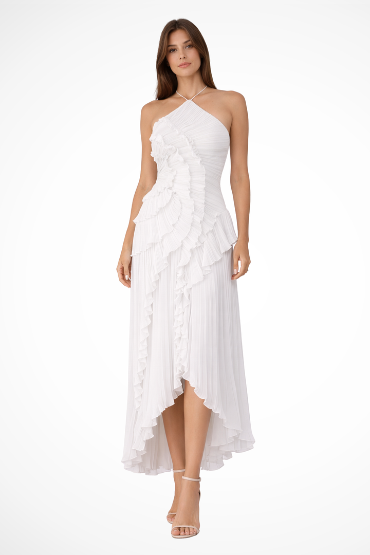 Glenda | Ärmelloses Halter-Backless-Maxi-Kleid für Damen mit Rüschen für Sommerhochzeiten