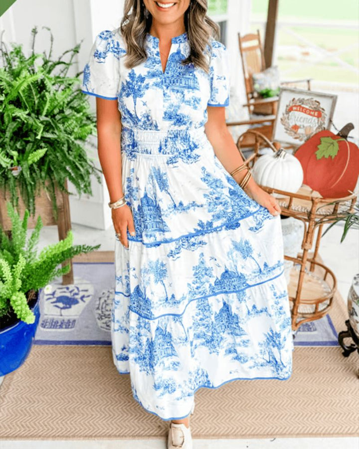 Nadia | Bedrucktes Maxi-Kleid für Damen mit Rundhalsausschnitt und kurzen Ärmeln