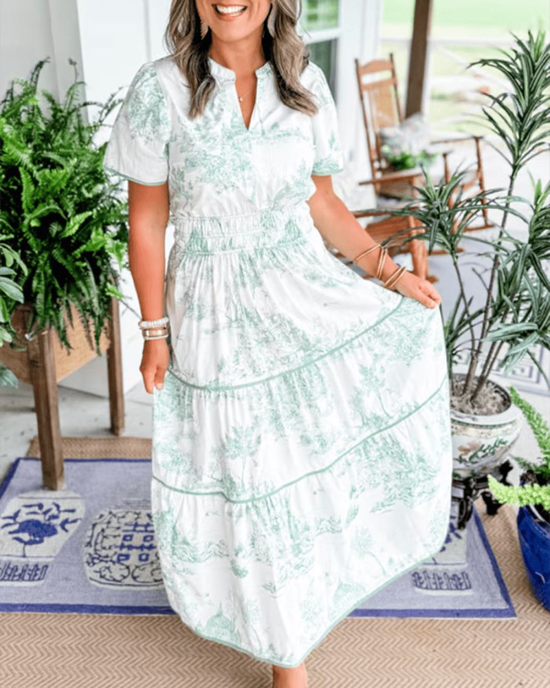 Nadia | Bedrucktes Maxi-Kleid für Damen mit Rundhalsausschnitt und kurzen Ärmeln