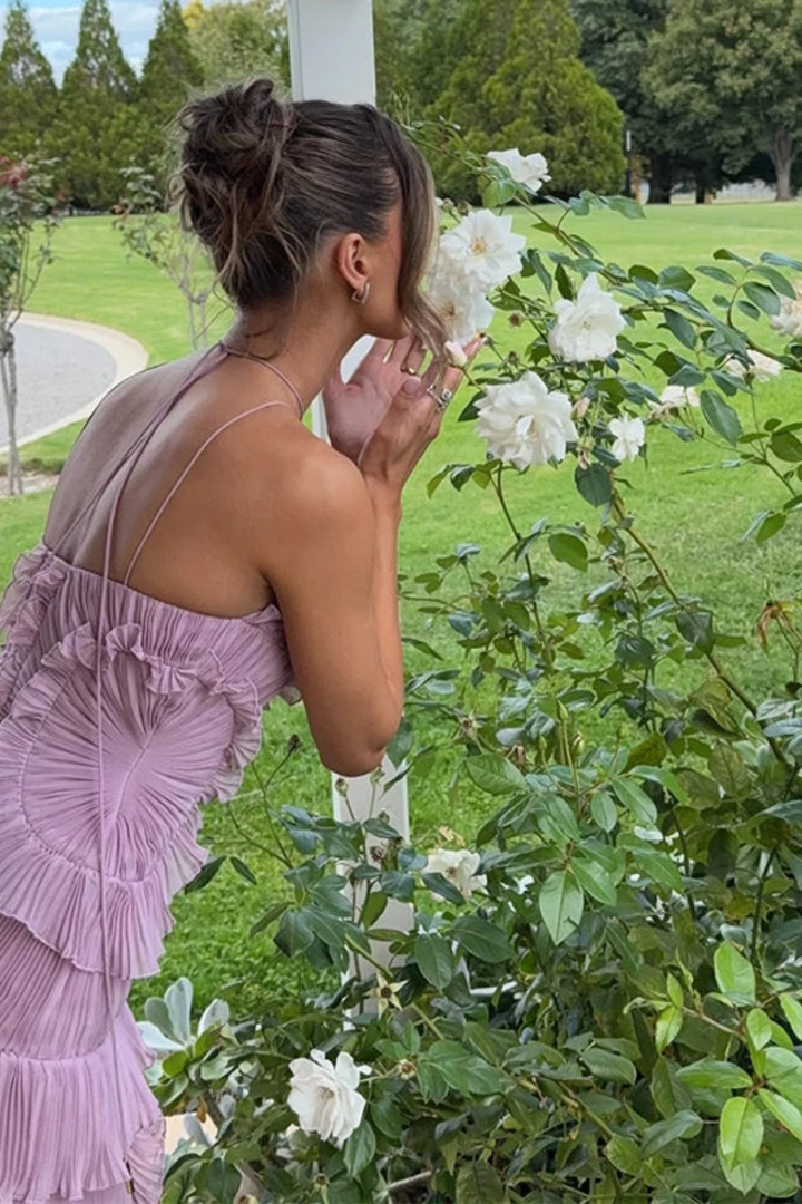 Glenda | Ärmelloses Halter-Backless-Maxi-Kleid für Damen mit Rüschen für Sommerhochzeiten