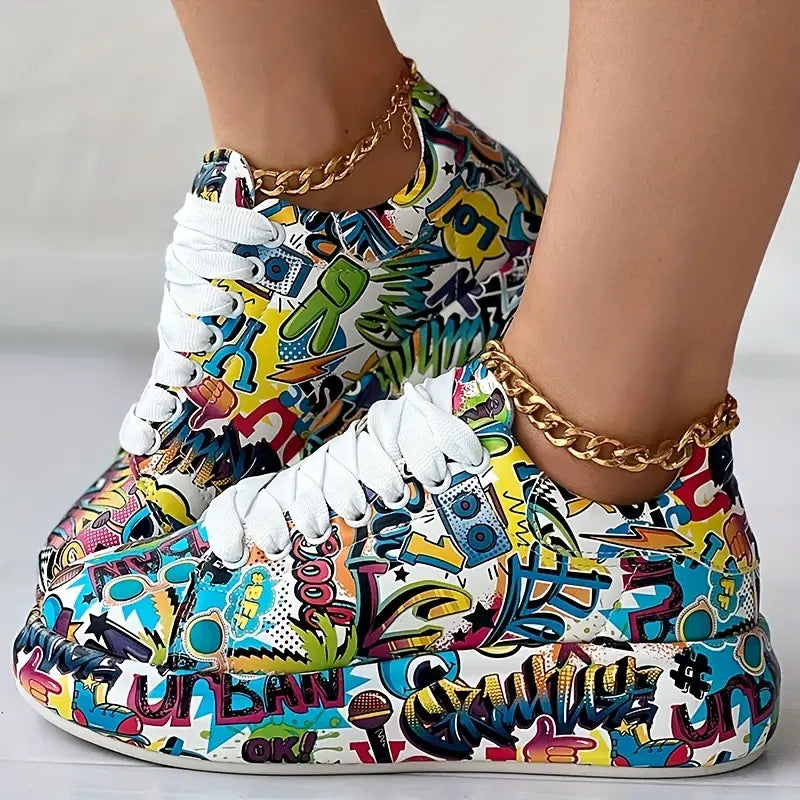 Mia | Damen Graffiti Druck Lage Turnschuhe mit niedrigem Absatz