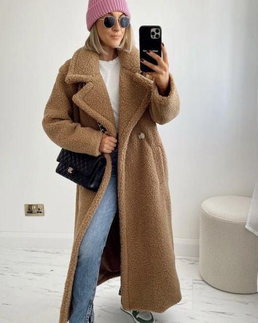 Zoe | Langer Teddymantel für Damen mit Rundhalsausschnitt und langen Ärmeln