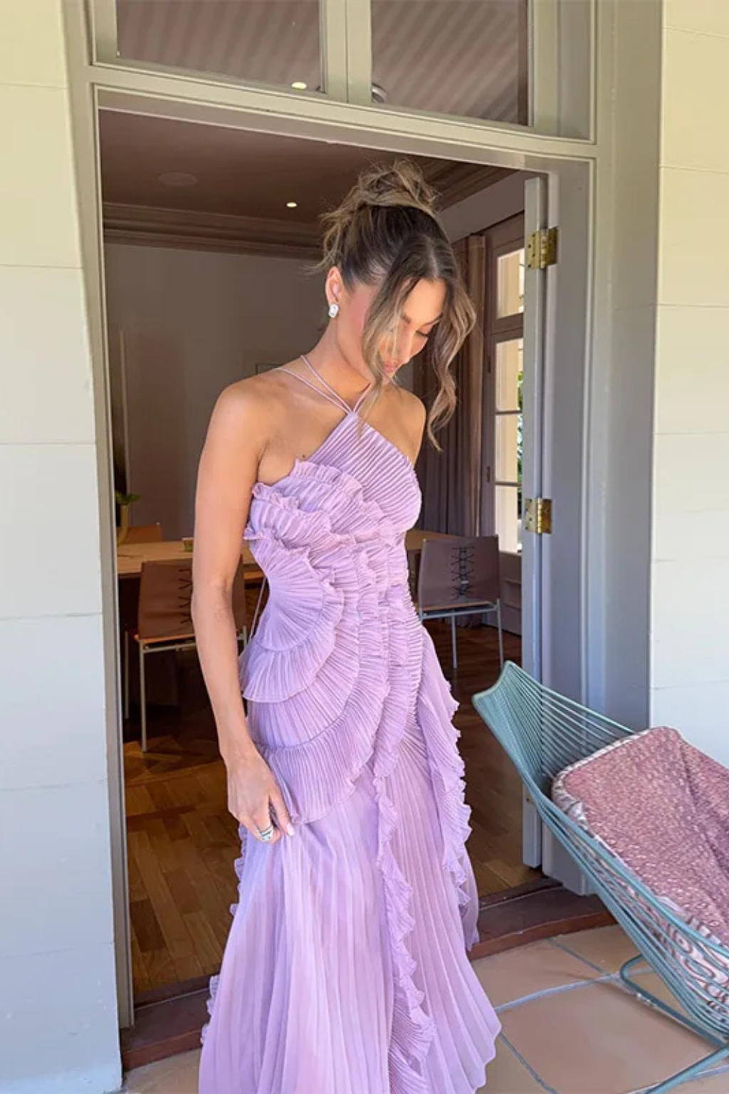 Glenda | Ärmelloses Halter-Backless-Maxi-Kleid für Damen mit Rüschen für Sommerhochzeiten