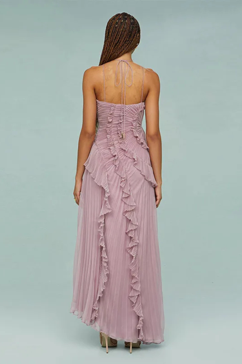 Glenda | Ärmelloses Halter-Backless-Maxi-Kleid für Damen mit Rüschen für Sommerhochzeiten