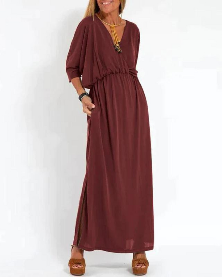 Lani | Langes vintage Maxikleid für Damen mit V-Ausschnitt und kurzen Ärmeln