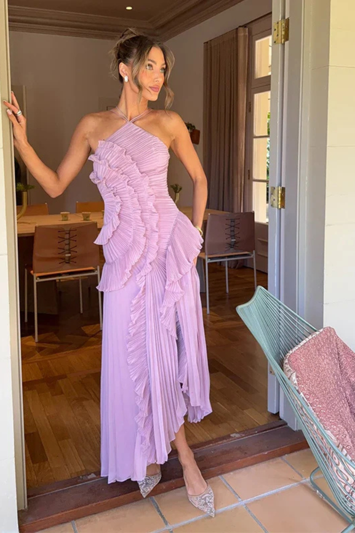 Glenda | Ärmelloses Halter-Backless-Maxi-Kleid für Damen mit Rüschen für Sommerhochzeiten