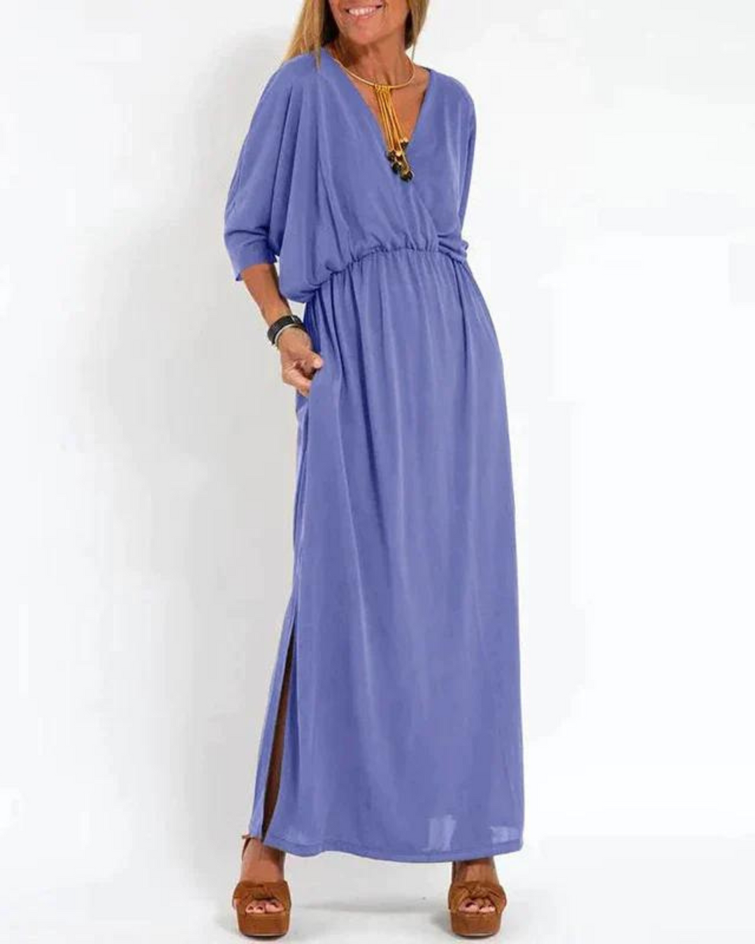 Lani | Langes vintage Maxikleid für Damen mit V-Ausschnitt und kurzen Ärmeln