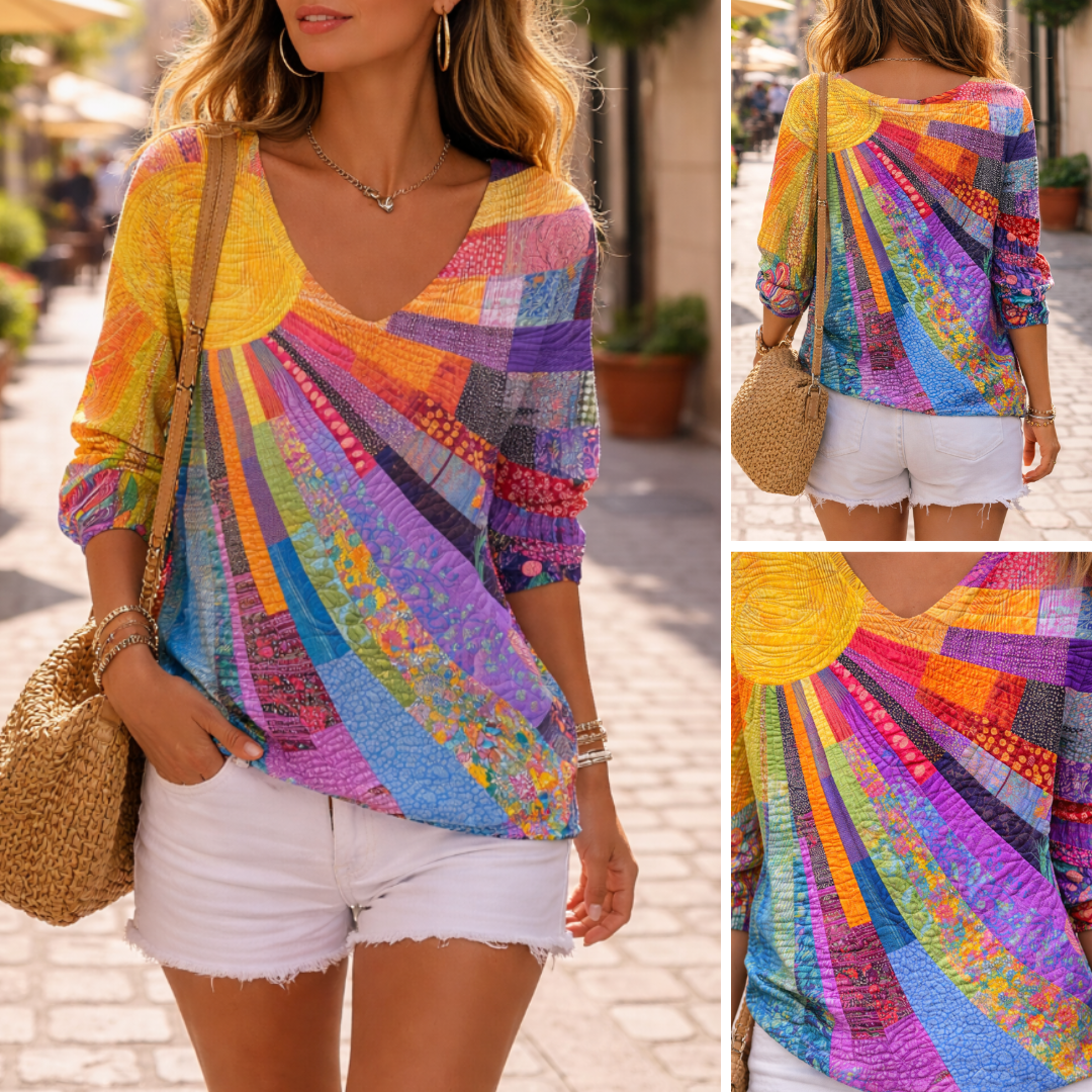 Retro Buntes Patchwork T-Shirt für Damen mit V-Ausschnitt und langen Ärmeln