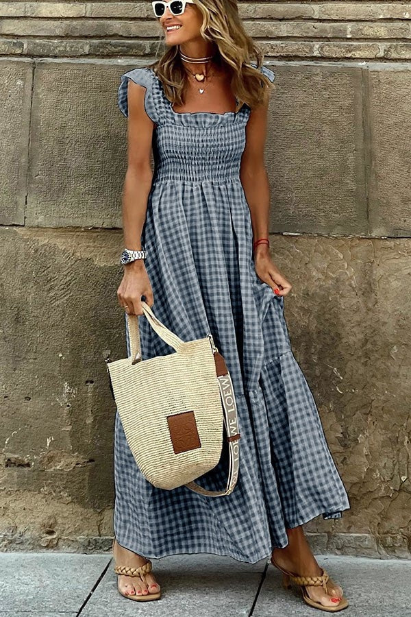 Ivara | Elegantes Karomuster Sommerkleid für Damen mit eckigem Ausschnitt