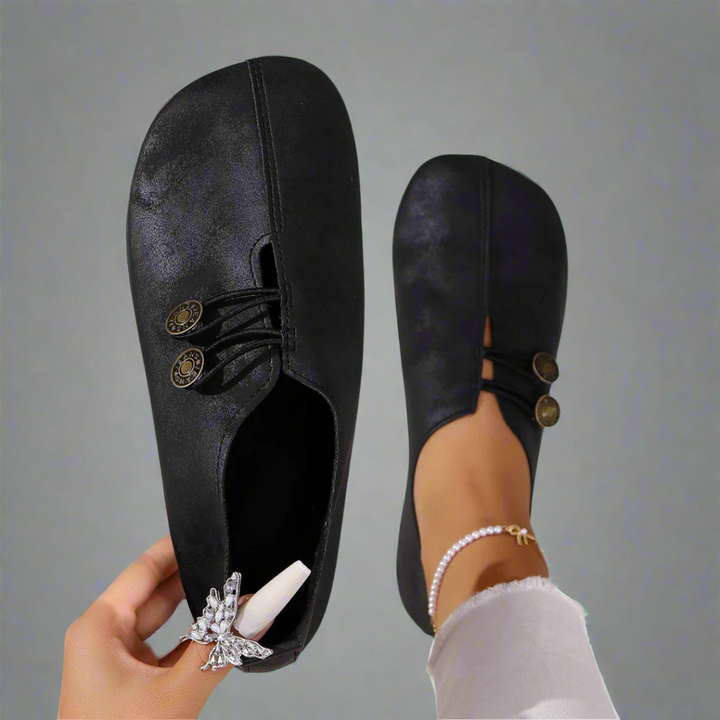 Kreszentia | Bequeme Knopf-auf-Rutsch-Schuhe für Damen mit flachem Absatz