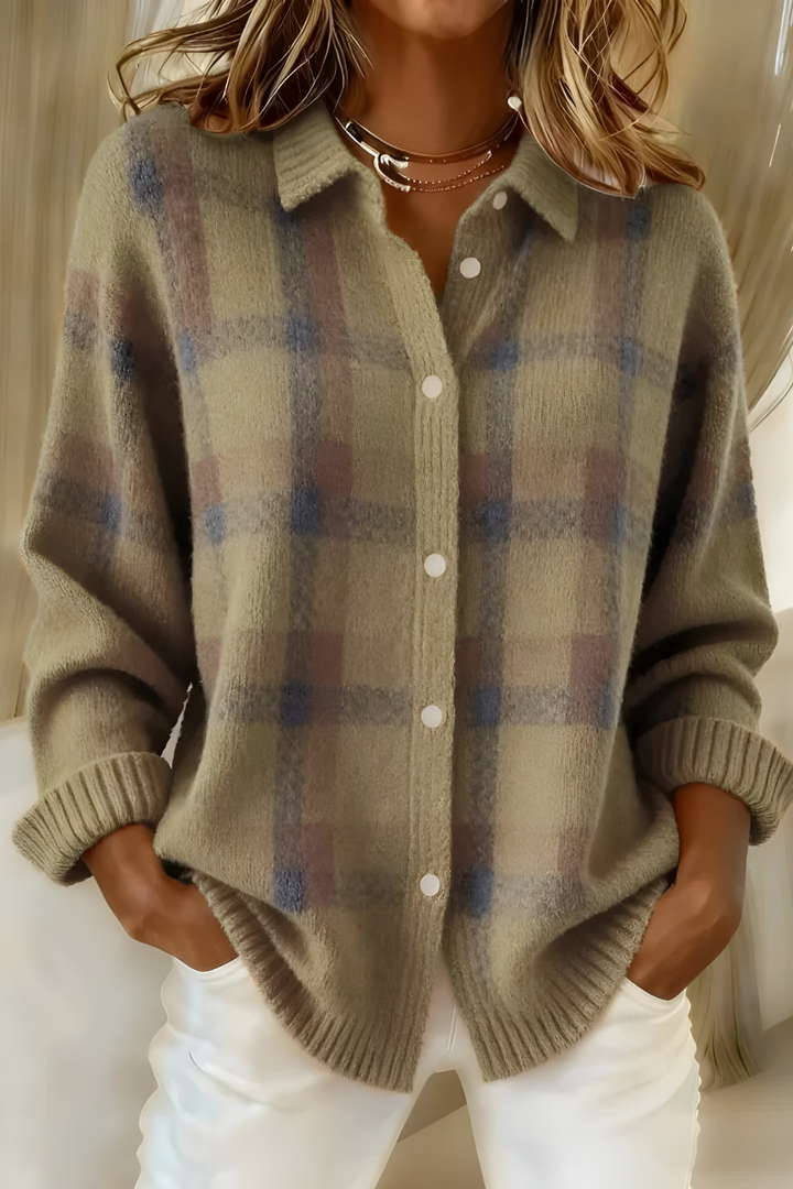 Tesa | Gemütlicher Karopullover Cardigan für Damen mit Rundhalsausschnitt