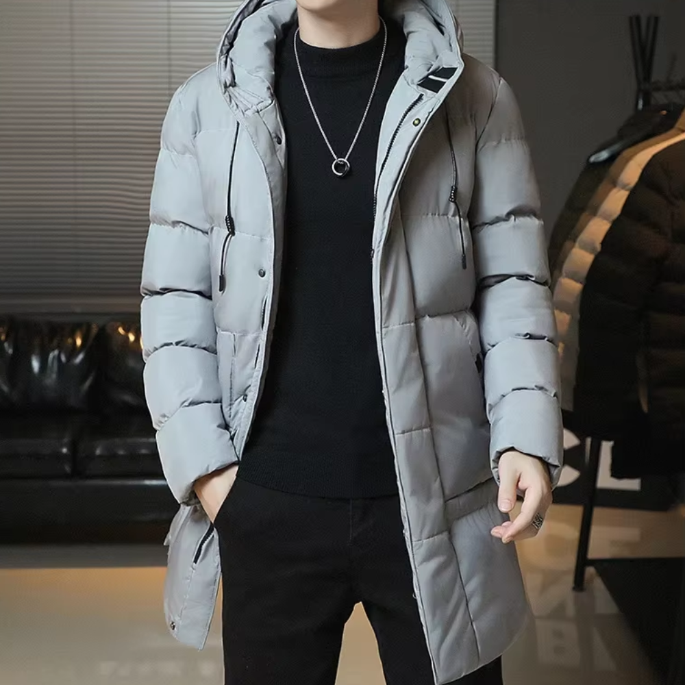 Elegante Lange Winterjacke für Herren mit Kapuze und langen Ärmeln