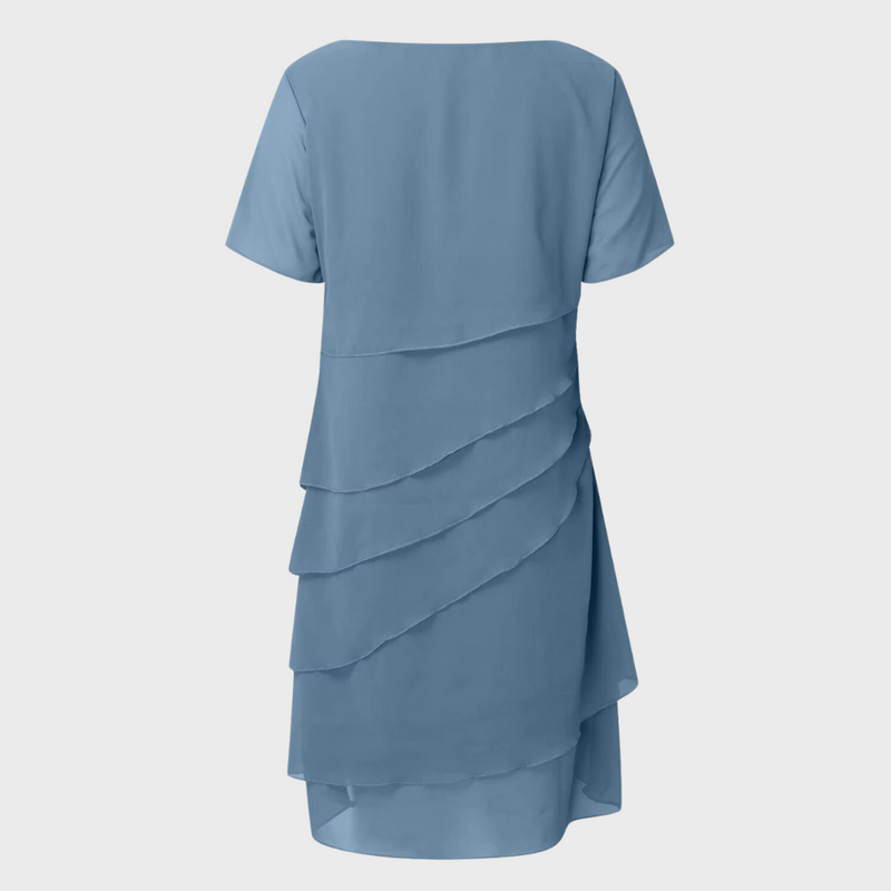 Elara | Geschichtetes Midikleid für Damen mit Rundhalsausschnitt und kurzen Ärmeln