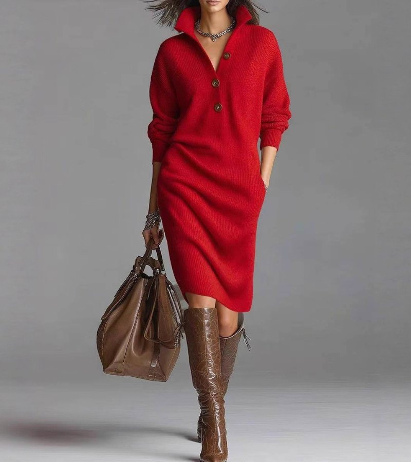 Scarlett | Elegantes Winterkleid für Damen mit Knöpfen und V-Ausschnitt