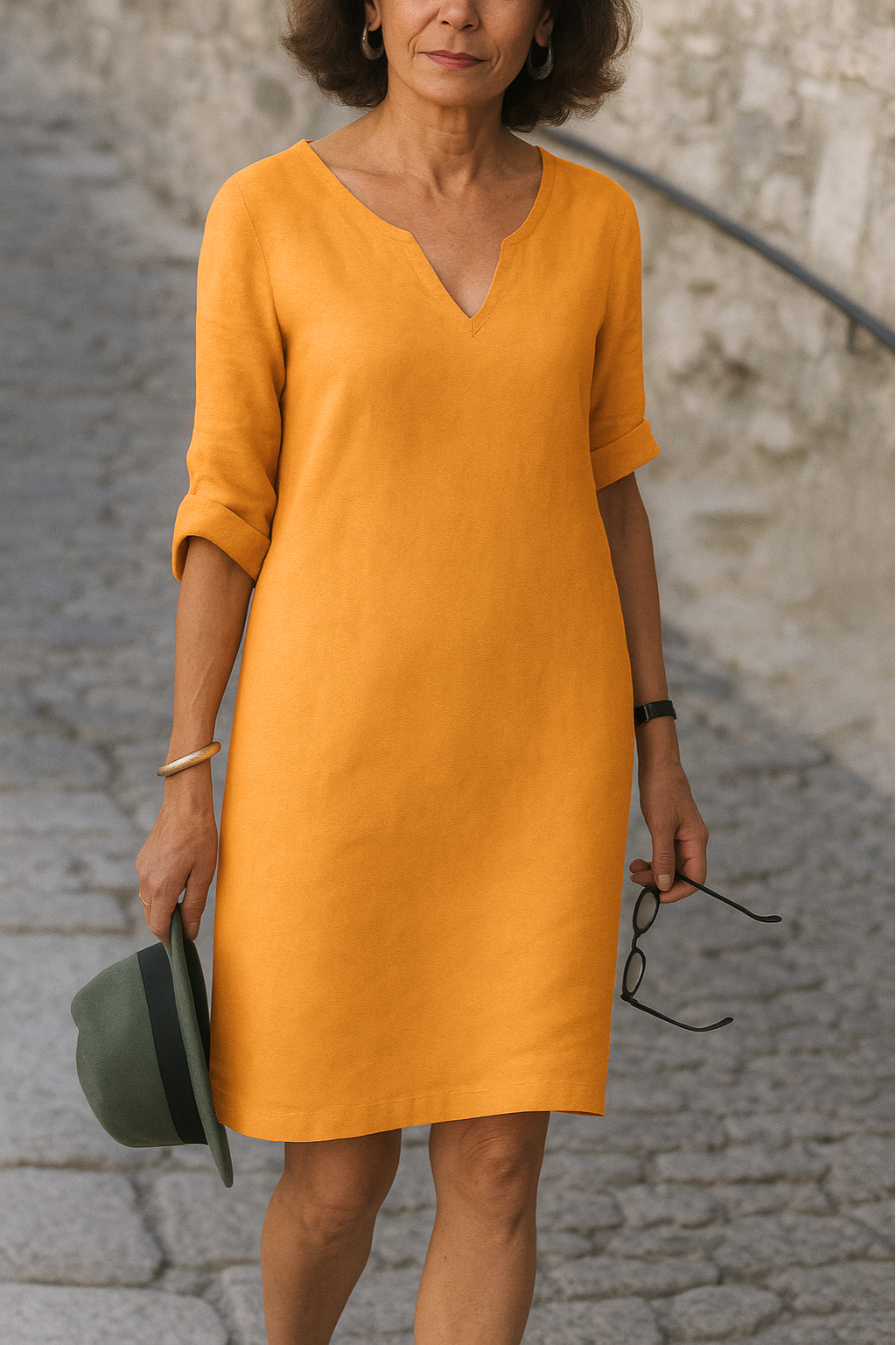 Elvy | Elegantes V-Ausschnitt Midikleid für Damen mit 3/4-Ärmeln und langen Ärmeln