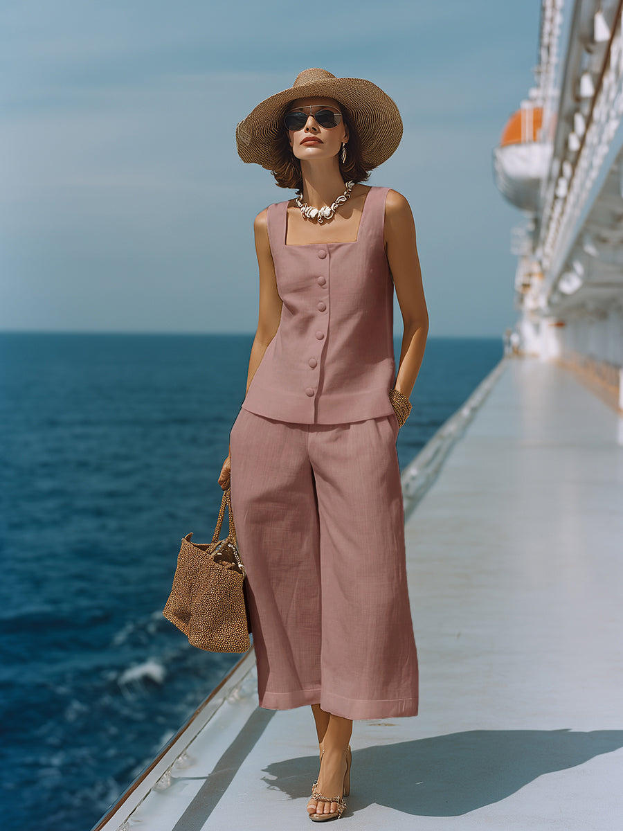 Zeitloses Weißes Top für Damen mit Quadrat-Ausschnitt und Passenden Capri-Hosen Set