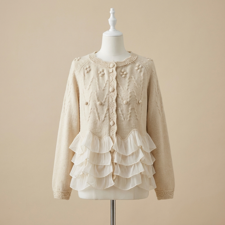 Rüschennatürliches Cardigan für Damen mit Rundhalsausschnitt und langen Ärmeln