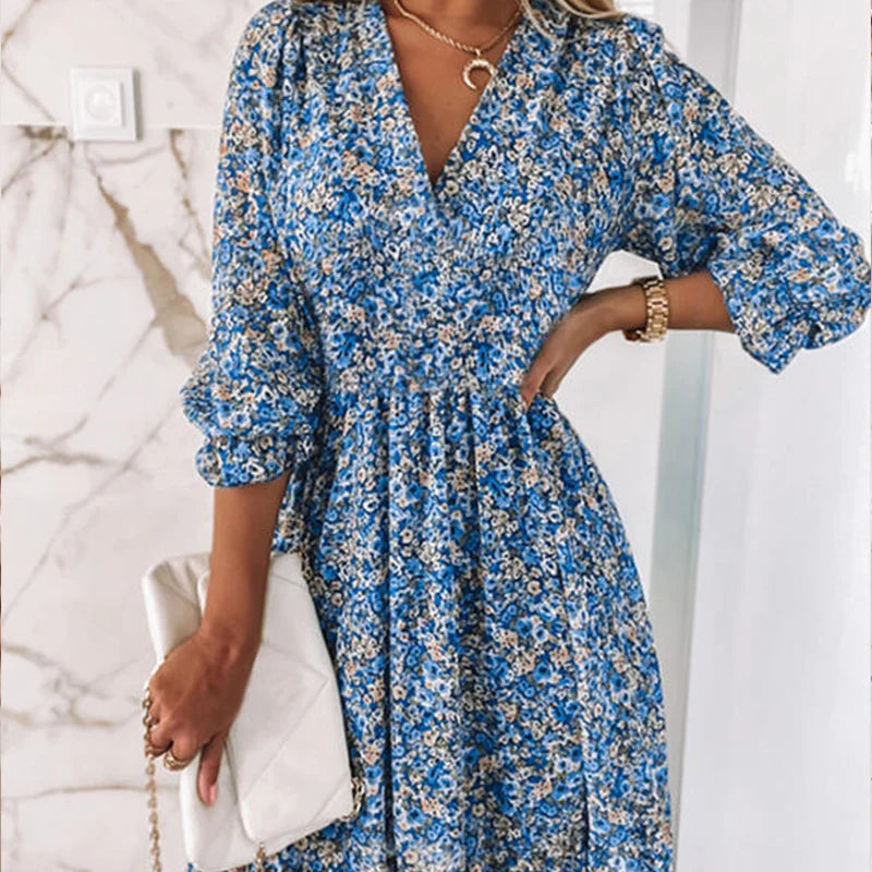 Addison | Elegantes Blumenkleid mit V-Ausschnitt und langen Ärmeln
