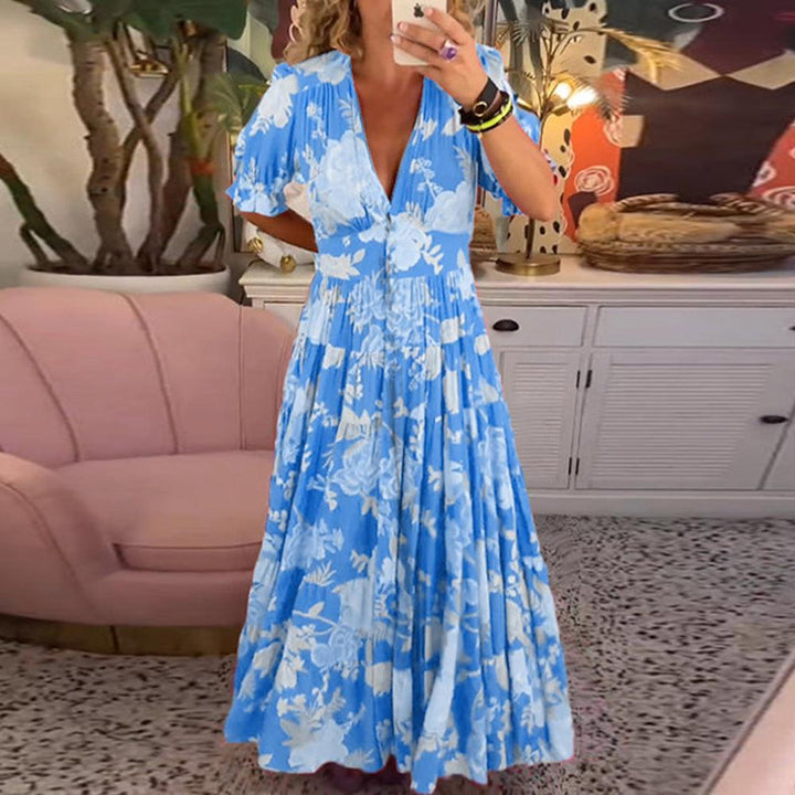 Floriana | Lebhaftes Blumenkleid für Damen mit V-Ausschnitt und kurzen Ärmeln