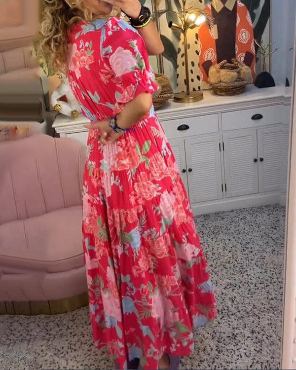Floriana | Lebhaftes Blumenkleid für Damen mit V-Ausschnitt und kurzen Ärmeln