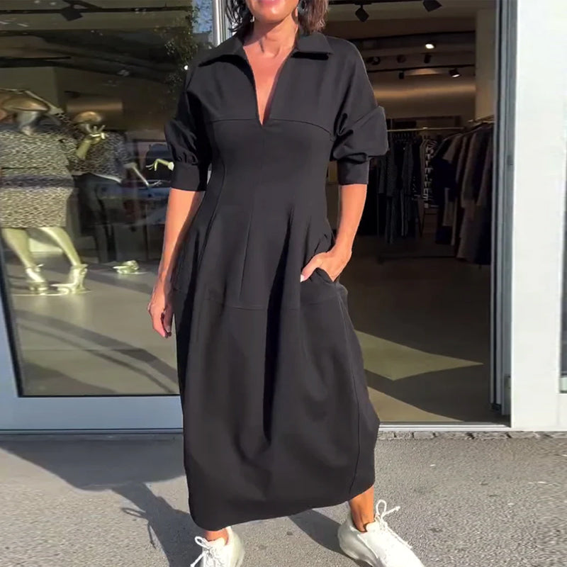 Karolin | Bequemes Langes Maxikleid für Damen mit V-Ausschnitt und kurzen Ärmeln