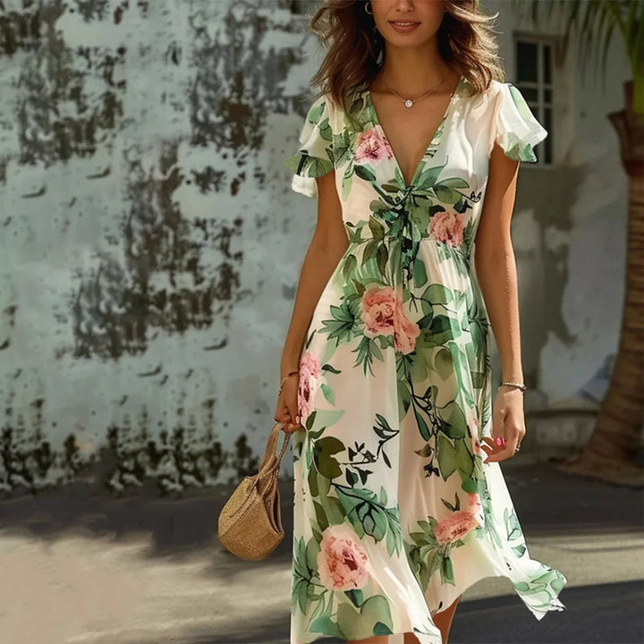 Nirella | Floral Breeze Midikleid für Damen mit V-Ausschnitt und kurzen Ärmeln