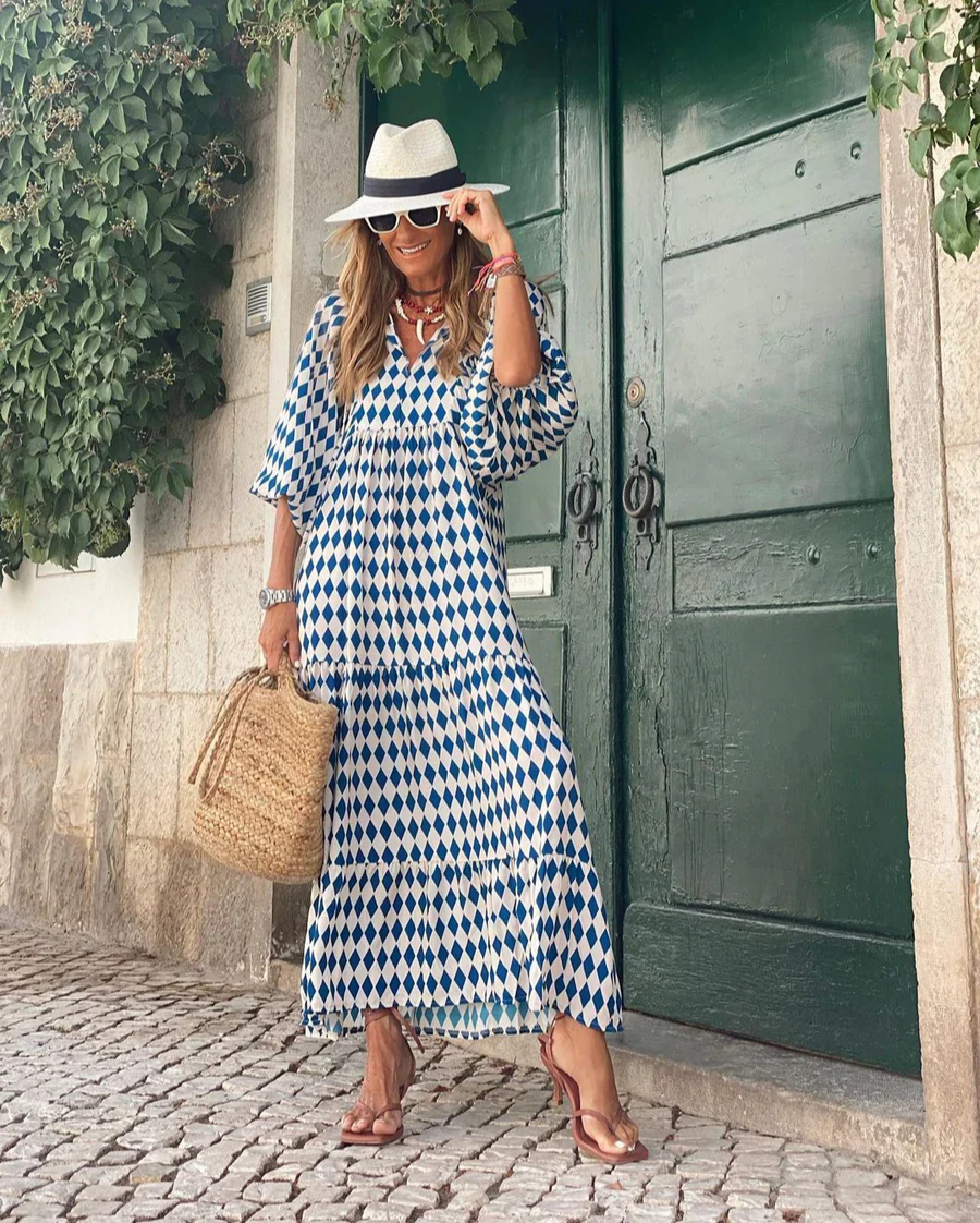 Elin | Boho Maxi Kleid für Damen mit V-Ausschnitt und kurzen Ärmeln