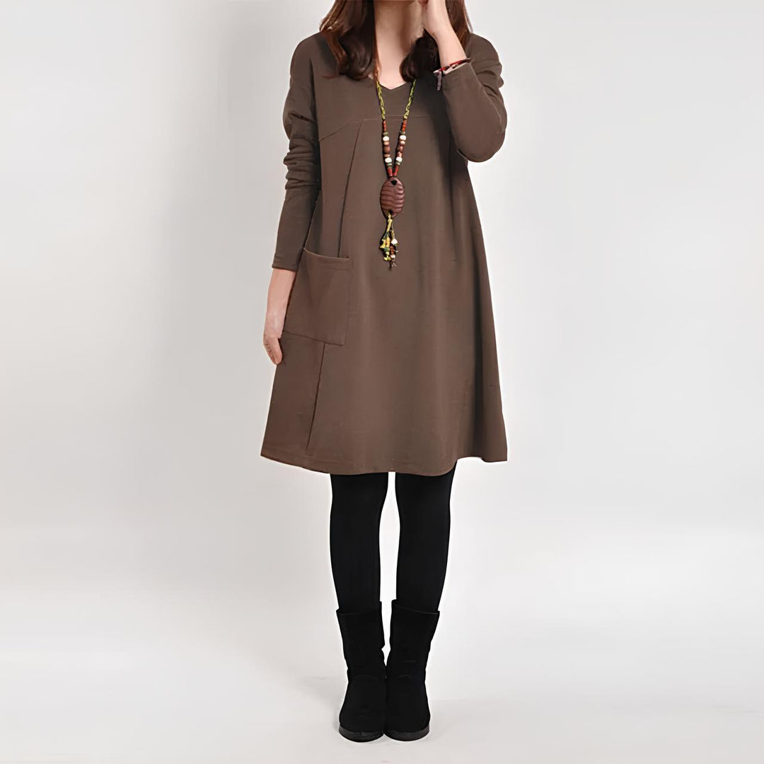 Mila | Elegantes Midikleid für Damen mit Einer Tasche und Rundhalsausschnitt