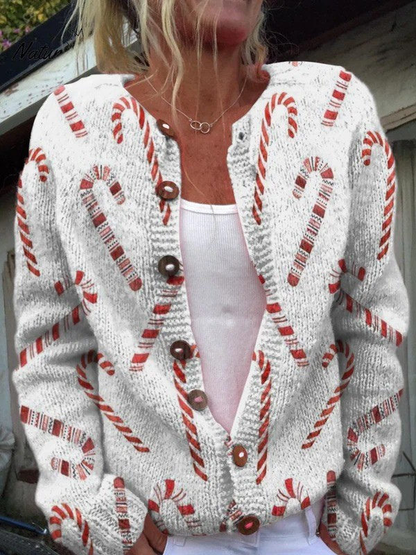 Festliches Zuckerstangen-Dekorationsmuster | Knopf-Cardigan-Pullover für Damen