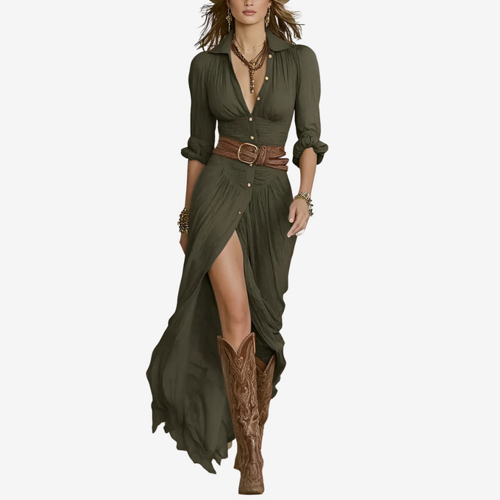 Eve Maxi-Fließkleid für Damen mit Gürtel, V-Ausschnitt und 3/4-Ärmeln