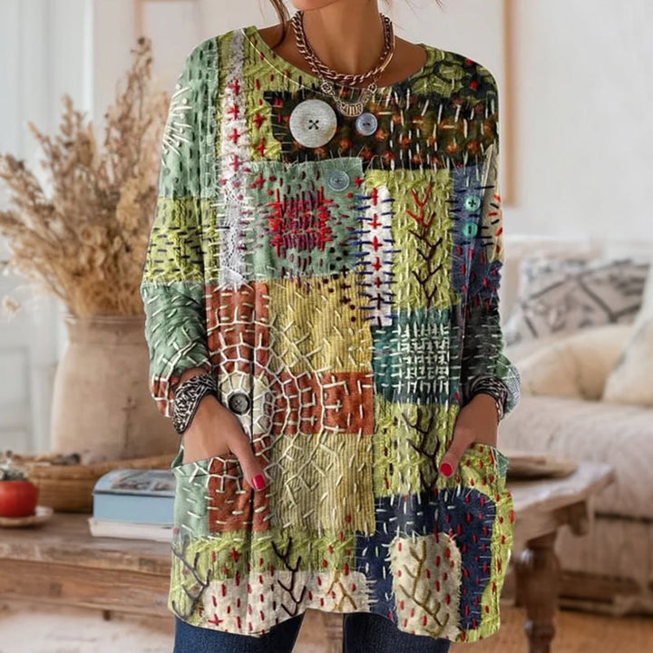 Retro Chic Freizeitbluse für Damen mit Rundhalsausschnitt und langen Ärmeln