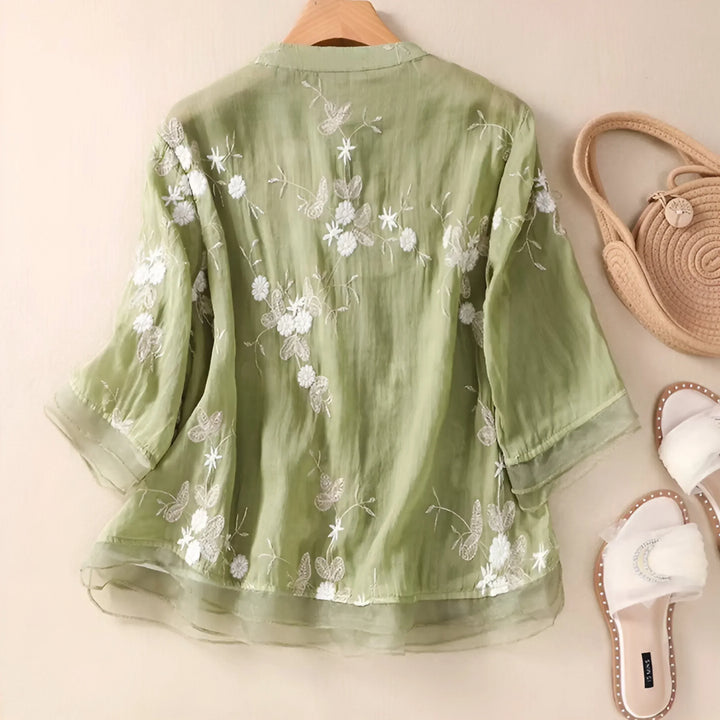 Emily | Bluse für Damen mit bestickten Blumen, Rundhalsausschnitt und langen Ärmeln